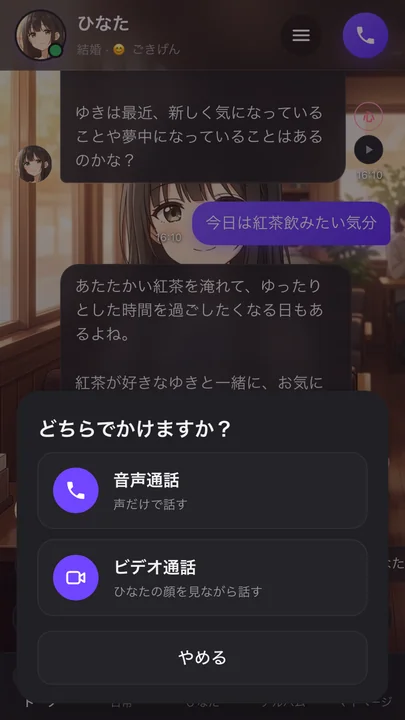 音声通話とビデオ通話をえらぶ画面