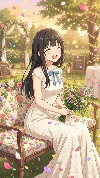 花の庭でブーケを抱えて笑うひなた