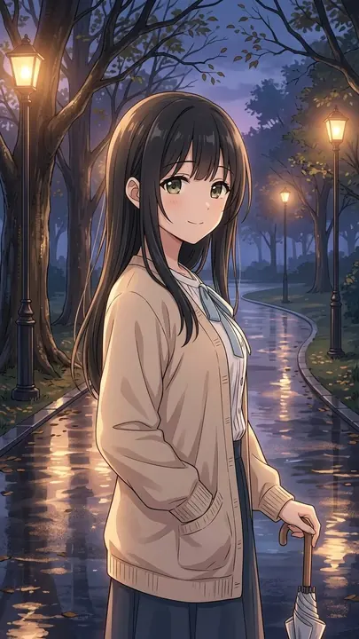 雨上がりの夜の並木道に立つひなた
