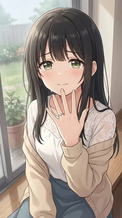 指輪を見せて涙ぐむひなた